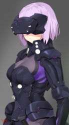 Rule 34 | 1girl, adapted costume, armor, arms at sides, blurry, boobplate, breastplate, breasts, cleavage, closed mouth, commentary, covered eyes, depth of field, fate/grand order, fate (series), faulds, glowing, gorget, grey background, head-mounted display, highres, leotard, mash kyrielight, mash kyrielight (ortenaus), medium breasts, neon trim, orthenaus, pauldrons, pink hair, pouch, see-through, serious, short hair, shoulder armor, signature, simple background, solo, standing, upper body, yd (orange maru)