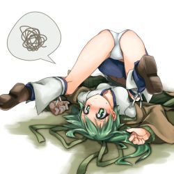 Rule 34 | 1girl, akasaka koutarou, ass, bent over, blush, breasts, collarbone, duel monster, embarrassed, green eyes, green hair, hair ornament, hair ribbon, jacket, looking at viewer, matching hair/eyes, midriff, navel, panties, ponytail, ribbon, simple background, skirt, solo, speech bubble, underwear, white background, white panties, wynn (yu-gi-oh!), wynn the wind charmer, yu-gi-oh!