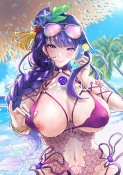 Rule 34 | 1girl, 4zz, absurdres, beach, bikini, bikini pull, breasts, cleavage, closed mouth, clothes pull, covered erect nipples, cup, earrings, eyewear on head, flower, genshin impact, hair flower, hair ornament, highres, holding, holding cup, jewelry, large breasts, looking at viewer, mole, mole under eye, nail polish, navel, nipple slip, nipples, ocean, palm tree, pubic tattoo, pulling own clothes, purple bikini, purple eyes, purple hair, purple nails, raiden shogun, smile, solo, sunglasses, sweat, swimsuit, tattoo, tree