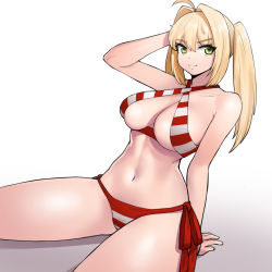 Rule 34 | 1girl, ahoge, bikini, blonde hair, breasts, cleavage, closed mouth, commentary, criss-cross halter, donburi (donburikazoku), fate/extra, fate (series), green eyes, hair intakes, halterneck, highres, large breasts, long hair, looking at viewer, navel, nero claudius (fate), nero claudius (fate) (all), nero claudius (fate/extra), nero claudius (swimsuit caster) (fate), side-tie bikini bottom, simple background, smile, solo, striped bikini, striped clothes, swimsuit, twintails, white background