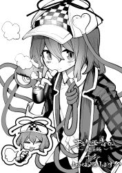 Rule 34 | 1girl, = =, absurdres, akimaki yuu, buttons, checkered clothes, checkered headwear, deerstalker, disgust, eyeball, foul detective satori, greyscale, hat, hat ornament, heart, heart button, heart hat ornament, highres, holding, holding smoking pipe, jacket, komeiji satori, looking at viewer, monochrome, noose, open clothes, open jacket, shirt, smile, smoke, smoking pipe, solo, third eye, tongue, tongue out, touhou