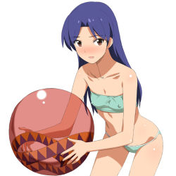 Rule 34 | 1girl, a1 (initial-g), ball, bandana, bandeau, bare shoulders, beachball, bikini, blue hair, blush, breasts, brown eyes, covered erect nipples, crossover, holding, idolmaster, idolmaster (classic), jojo no kimyou na bouken, kisaragi chihaya, leaning forward, long hair, looking at viewer, open mouth, parody, simple background, small breasts, solo, spoilers, standing, swimsuit, white background