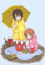 Rule 34 | 2girls, aged down, bare legs, boots, brown hair, coat, dirty, dirty clothes, girls und panzer, military, military vehicle, motor vehicle, mud, multiple girls, mutsu (layergreen), nishizumi maho, nishizumi miho, open mouth, pink coat, playing, puddle, rain, raincoat, red footwear, rubber boots, short hair, siblings, simple background, sisters, smile, squatting, tank, toy, umbrella, wet, wet clothes, yellow coat, yellow umbrella