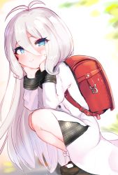 Rule 34 | 1girl, absurdres, antenna hair, backpack, bad id, bad pixiv id, bag, blue eyes, blurry, blurry background, blush, bobby socks, brown footwear, closed mouth, commentary request, depth of field, dress, eyes visible through hair, full body, grey sailor collar, hair between eyes, head in hand, head rest, highres, kokkoro (princess connect!), kokkoro (real) (princess connect!), long hair, long sleeves, looking at viewer, natsume kokkoro (princess connect!), plaid, plaid sailor collar, princess connect!, randoseru, sailor collar, sailor dress, shoes, smile, socks, solo, squatting, very long hair, white dress, white hair, white socks, yinpa (wanone500511)