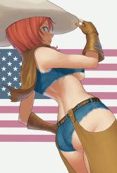 Rule 34 | &gt;:), 1girl, american flag, armpit peek, ass, back, bare shoulders, belt, blue eyes, blush, breasts, brown gloves, chaps, closed mouth, cowboy hat, cowboy shot, cowboy western, crop top, crop top overhang, fingerless gloves, from side, gloves, hand on own hip, hat, highres, looking to the side, monica blueash, orange hair, original, profile, school girl strikers, shigatsugata, short shorts, shorts, sideways glance, sleeveless, small breasts, smile, solo, underboob, v-shaped eyebrows