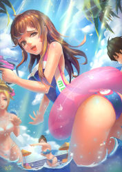 Rule 34 | 2016, 5girls, acronym, adapted costume, animal print, ass, bare shoulders, beach umbrella, bikini, black-framed eyewear, blizzard (company), blonde hair, blue eyes, blue one-piece swimsuit, blue sky, breasts, brown eyes, brown hair, casual one-piece swimsuit, chair, character name, charm (object), cleavage, clothes writing, cloud, cloudy sky, collarbone, colored skin, covered erect nipples, d.va (overwatch), dated, day, eyelashes, facepaint, facial mark, from side, front-tie bikini top, front-tie top, glasses, gun, hair bun, halo, hands up, headgear, highleg, highleg bikini, highres, holding, ice, innertube, large breasts, legs, light particles, light rays, lips, lipstick, long hair, looking at viewer, lounge chair, lying, makeup, mechanical halo, medium breasts, mei (overwatch), mercy (overwatch), midriff, multiple girls, navel, on back, one-piece swimsuit, open mouth, outdoors, overwatch, overwatch 1, palm tree, partially submerged, pink lips, ponytail, purple skin, rabbit print, revision, shizi shizi, signature, single hair bun, sky, smile, spiked hair, strapless, strapless bikini, strapless one-piece swimsuit, sunbeam, sunlight, swim ring, swimsuit, teeth, tracer (overwatch), tree, umbrella, wading, water, water drop, water gun, weapon, wet, wet clothes, whisker markings, white bikini, widowmaker (overwatch), wrist cuffs