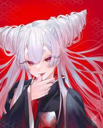 Rule 34 | 1girl, absurdres, ayashimon, black kimono, blue eyes, drill hair, eyelashes, flame print, floating hair, hair between eyes, hair horns, highres, himari ( h i8), horns, japanese clothes, kimono, licking, licking finger, long eyelashes, long hair, long sleeves, looking at viewer, multicolored eyes, parted bangs, red background, red eyes, signature, simple background, solo, upper body, urara (ayashimon), white hair, wide sleeves
