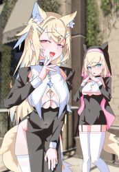 Rule 34 | 2girls, :o, absurdres, alternate costume, animal ears, artist request, blonde hair, blue eyes, blue hair, blush, breasts, collar, cross, dog ears, dog girl, dog tail, embarrassed, fang, fuwawa abyssgard, garter straps, gurumie, habit, hair ornament, hairclip, highres, hololive, hololive english, large breasts, long hair, medium breasts, mococo abyssgard, multicolored hair, multiple girls, nails, nun, pink eyes, pink hair, siblings, sisters, skin fang, smile, tail, thighhighs, twins, two-tone hair, underboob, virtual youtuber, white thighhighs