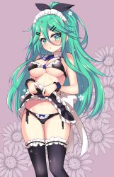 Rule 34 | adapted costume, bikini, black panties, black thighhighs, breasts, cleavage, clothes lift, flower, green eyes, green hair, hair between eyes, hair ornament, hairclip, highres, kantai collection, lifting own clothes, long hair, maid, maid bikini, maid headdress, panties, ponytail, purple background, ringo sui, skirt, skirt lift, solo, swimsuit, thighhighs, unconventional maid, underwear, yamakaze (kancolle)