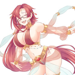 Rule 34 | 1girl, :d, altheavin, breasts, choker, closed eyes, dancer, detached sleeves, earrings, gem, glasses, jewelry, labyrista, large breasts, long hair, navel, open mouth, princess connect!, red hair, revealing clothes, see-through, see-through sleeves, semi-rimless eyewear, smile, solo, thighlet, under-rim eyewear, very long hair, white background