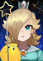Rule 34 | 1girl, blonde hair, blue dress, blue eyes, brooch, character name, crown, dancho no mori, dress, earrings, eyelashes, hair over one eye, holding, holding wand, jewelry, long hair, looking at viewer, luma (mario), mario (series), nintendo, parted lips, rosalina, sky, star (sky), star (symbol), star brooch, star earrings, starry sky, super mario galaxy, upper body, wand