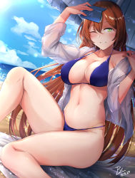 Rule 34 | 1girl, absurdres, alternate costume, alternate hairstyle, bare shoulders, beach, bikini, blue bikini, blue sky, blush, book, breasts, brown hair, cleavage, cloud, collarbone, dated, day, girls&#039; frontline, green eyes, groin, hair between eyes, hair ribbon, hair rings, highres, holding, holding book, jewelry, large breasts, long hair, looking at viewer, navel, ocean, one eye closed, open book, open mouth, ponytail, ribbon, ring, sand, see-through, shade, shirt, sidelocks, signature, sitting, sky, smile, solo, sparkle, springfield (girls&#039; frontline), stomach, swimsuit, thighs, wedding band, white shirt, zhishi ge fangzhang
