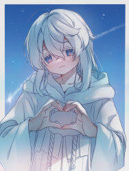 Rule 34 | 1boy, ahoge, androgynous, bishounen, blue eyes, blue sky, border, capelet, colored eyelashes, crossed bangs, day, drawstring, final fantasy, final fantasy xiv, heart, heart hands, highres, hoban rkgk, hood, hood down, hooded capelet, long sleeves, looking at viewer, male focus, mask, mask around neck, medium hair, outdoors, outside border, robe, shooting star, sky, smile, solo, sophist&#039;s robe (ff14), themis (ff14), unworn mask, upper body, white border, white capelet, white hair, white robe, wide sleeves