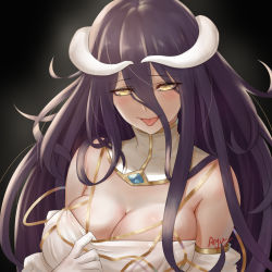 Rule 34 | 1girl, albedo (overlord), ayu (p1314 win), bare shoulders, beckoning, black background, black hair, breasts, cleavage, clothes pull, collarbone, demon girl, demon horns, detached collar, dress, dress pull, elbow gloves, eyes visible through hair, gloves, hair between eyes, highres, horns, large breasts, looking at viewer, no bra, overlord (maruyama), simple background, slit pupils, solo, tongue, tongue out, white dress, white gloves, white horns, yellow eyes