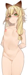 Rule 34 | 1girl, animal ears, arms behind back, blonde hair, blush, cat ears, extra ears, full-face blush, green eyes, kochiya (gothope), long hair, looking at viewer, meowstress, monster hunter, monster hunter (series), monster hunter x, navel, nipples, nude, pointy ears, solo, standing, white background