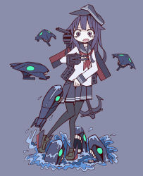 Rule 34 | 10s, 1girl, abyssal ship, akatsuki (kancolle), black pantyhose, blue hair, clothes pull, enemy aircraft (kancolle), hat, holding, holding clothes, holding skirt, i-class destroyer, kantai collection, long hair, oosawa (azeeee73), pantyhose, pulling, pulling another&#039;s clothes, scared, school uniform, simple background, skirt, skirt pull, solo, weapon