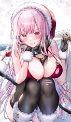 Rule 34 | 1girl, bare shoulders, bikini, black gloves, black scarf, black thighhighs, blush, boots, breast rest, breasts, christmas, cleavage, fur-trimmed headwear, fur trim, gloves, grin, hat, highres, holding, holding sack, hololive, hololive english, kamiya maneki, large breasts, long hair, looking at viewer, mori calliope, pink eyes, pink hair, red bikini, red hat, sack, santa bikini, santa boots, santa gloves, santa hat, scarf, smile, snowing, solo, squatting, swimsuit, thighhighs, torn clothes, torn thighhighs, virtual youtuber