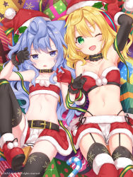 Rule 34 | 1boy, 1girl, ;d, absurdres, ahoge, arm up, arm warmers, armpits, bandeau, bare arms, bare shoulders, black gloves, black panties, black thighhighs, blonde hair, blue eyes, blue hair, blush, boots, breasts, candy, candy cane, choker, christmas, cleavage, collar, collarbone, commentary request, crop top, food, frilled choker, frills, fur-trimmed gloves, fur trim, garter straps, gift, glint, gloves, green eyes, green ribbon, groin, hacka doll, hacka doll 1, hacka doll 3, hair between eyes, hands up, hat, highleg, highleg panties, highres, jimmy madomagi, leg up, long hair, lying, medium breasts, midriff, miniskirt, navel, on back, one eye closed, open mouth, panties, parted lips, pom pom (clothes), red footwear, red gloves, red hat, red shirt, red shorts, red skirt, ribbon, santa hat, shirt, shoes, short shorts, shorts, side-by-side, sidelocks, skirt, smile, snowflake print, sweatdrop, thigh boots, thighhighs, trap, underwear, watermark, zettai ryouiki