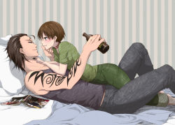 Rule 34 | 1boy, 1girl, bad id, bed, billy coen, black hair, blush, brown hair, choker, denim, earrings, eye contact, finger to mouth, from side, green eyes, jeans, jewelry, looking at another, lying, myutsusama, pants, pillow, rebecca chambers, resident evil, resident evil 0, shirt, short hair, simple background, sleeveless, sleeveless shirt, smile, striped, striped background, tank top