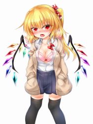 Rule 34 | 1girl, alternate breast size, beige jacket, black thighhighs, blonde hair, blue skirt, blush, bow, bra, breasts, breath, cardigan, cleavage, commentary request, cowboy shot, crystal, eyelashes, fang, flandre scarlet, hair between eyes, hair ornament, hair scrunchie, hands in pockets, head tilt, highres, jacket, large breasts, long hair, long sleeves, looking at viewer, marukyuu ameya, miniskirt, no headwear, nose blush, one side up, open cardigan, open clothes, open jacket, open mouth, pink bra, pleated skirt, polka dot, red bow, red eyes, red scrunchie, scrunchie, shirt, simple background, skirt, solo, standing, sweat, thighhighs, thighs, tongue, touhou, underwear, white background, white shirt, wing collar, wings, zettai ryouiki