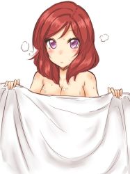 Rule 34 | 10s, 1girl, absurdres, blush, breasts, cleavage, covering privates, highres, kaya (yoshina9), looking at viewer, love live!, love live! school idol project, naked towel, nishikino maki, nude cover, purple eyes, red hair, short hair, simple background, solo, steam, towel, wet, white background