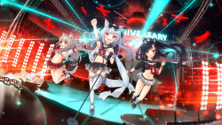 Rule 34 | 3girls, absurdres, animal ear fluff, animal ears, arm up, azur lane, belt, black footwear, black hair, black skirt, breasts, cat ears, comodomodo, cropped shirt, fang, fox ears, frilled legwear, frilled skirt, frills, grey hair, highres, holding, holding microphone, jumping, layered skirt, long hair, microphone, microphone stand, microskirt, midriff, miniskirt, multiple girls, nail polish, open mouth, orange eyes, paw pose, pleated skirt, red belt, red eyes, red footwear, red ribbon, ribbon, shigure (azur lane), shirt, shoes, skin fang, skirt, small breasts, socks, stage, stage lights, tail, thighhighs, underboob, white hair, white legwear, white shirt, white skirt, wolf tail, yukikaze (azur lane), yuudachi (azur lane)