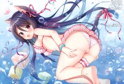 Rule 34 | 1girl, :o, absurdres, animal ear fluff, animal ears, anklet, ass, bare shoulders, barefoot, bikini, bikini skirt, black hair, blush, bracelet, breasts, bridal garter, bubble, cat ears, cat girl, cat tail, floating hair, freediving, hair between eyes, hair ribbon, highres, ice, ice cube, jewelry, long hair, looking at viewer, looking back, mauve, medium breasts, open mouth, original, red eyes, red ribbon, ribbon, scan, solo, star (symbol), striped bikini, striped clothes, swimsuit, tail, tail ornament, tail ribbon, underwater, v-shaped eyebrows, very long hair, water, white bikini