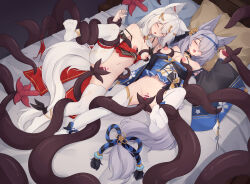 Rule 34 | 2girls, animal ear fluff, animal ears, bar censor, black sleeves, blue dress, breasts, censored, closed eyes, commentary, detached sleeves, dress, english commentary, fox ears, fox girl, grey hair, handjob, highres, large breasts, long hair, lying, multiple girls, nipples, no shoes, on back, on bed, open mouth, original, panties, pillow, pussy, red dress, sleep molestation, spread legs, tentacle sex, tentacles, thighhighs, trimbil, underwear, vaginal, variant set, white panties, white sleeves, white thighhighs