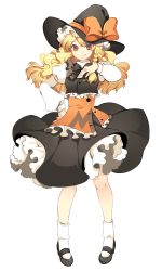 Rule 34 | 1girl, :q, absurdres, bad id, bad pixiv id, blonde hair, bow, bowtie, braid, dress, female focus, full body, hand on own hip, hand on own chest, hat, hat ribbon, highres, kirisame marisa, looking at viewer, mary janes, orange eyes, petticoat, pigeon-toed, ribbon, roh nam kyung, shoes, side braid, solo, standing, tongue, tongue out, touhou, white background, witch, witch hat