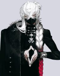Rule 34 | 1boy, artist name, asclepius (fate), au (d elete), black mask, braid, crossed bangs, fate/grand order, fate (series), fingernails, grey background, grey eyes, grey hair, highres, jewelry, long hair, looking to the side, male focus, mask, mouth mask, own hands together, ring, sidelocks, signature, simple background, solo, standing, upper body