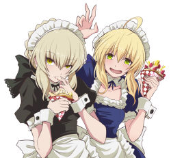 Rule 34 | 2girls, :o, alternate costume, antenna hair, apron, artoria pendragon (all), artoria pendragon (fate), black bow, blush, bow, breasts, collarbone, commentary request, crepe, detached collar, enmaided, fate/grand order, fate/stay night, fate (series), food, frill trim, frills, fruit, fujitaka nasu, grey hair, hair between eyes, hair bow, headdress, licking, licking finger, looking at viewer, maid, maid apron, maid headdress, multiple girls, official alternate costume, saber (fate), saber alter, short sleeves, sidelocks, simple background, small breasts, smile, strawberry, v, white background, wrist cuffs, yellow eyes