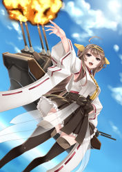 Rule 34 | 10s, 1girl, bare shoulders, blue sky, blush, boots, breasts, brown hair, cannon, cloud, day, detached sleeves, double bun, firing, hair ornament, hairband, headgear, hiememiko, japanese clothes, kantai collection, kongou (kancolle), long hair, medium breasts, miko, nontraditional miko, ocean, open mouth, personification, skirt, sky, smile, solo, thigh boots, thighhighs, turret, wide sleeves, zettai ryouiki