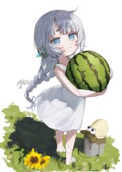 1girl absurdres alternate_costume and_uge barefoot blue_eyes blunt_bangs blush braid bucket closed_mouth commentary dress flower food fruit full_body grass grey_hair hairpods hanada_ten highres holding holding_food holding_fruit holding_watermelon joints long_hair looking_at_viewer low_twin_braids nanashi_inc. robot_joints smile snail solo sundress sunflower symbol-only_commentary thick_eyebrows twin_braids virtual_youtuber watermelon white_background white_dress yellow_flower