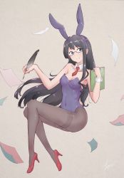 Rule 34 | 1girl, alternate costume, animal ears, black eyes, black hair, blue eyes, breasts, brown pantyhose, clipboard, fake animal ears, full body, glasses, grey background, highres, kantai collection, leotard, long hair, necktie, ooyodo (kancolle), pantyhose, paper, playboy bunny, purple leotard, quill, rabbit ears, red necktie, semi-rimless eyewear, simple background, small breasts, smile, solo, strapless, strapless leotard, thighband pantyhose, under-rim eyewear, yirga