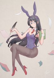 1girl alternate_costume animal_ears black_eyes black_hair blue_eyes breasts brown_pantyhose clipboard fake_animal_ears female_focus full_body glasses grey_background highres kantai_collection leotard long_hair necktie ooyodo_(kancolle) pantyhose paper playboy_bunny purple_leotard quill rabbit_ears red_necktie semi-rimless_eyewear simple_background small_breasts smile solo strapless strapless_leotard thighband_pantyhose under-rim_eyewear yirga