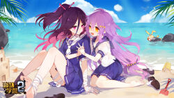 2girls bandaged_arm bandaged_foot bandages barefoot beach benghuai_xueyuan blue_sky bracelet breasts bucket closed_mouth cloud copyright_name hair_between_eyes hair_ornament highres holding_hands homu_(honkai_impact) honkai_(series) houraiji_kyuushou jewelry logo long_hair multiple_girls ocean official_art open_mouth purple_eyes purple_hair rock sandals school_uniform second-party_source shoes single_shoe single_sock sirin sitting sky smile socks unworn_shoes unworn_socks water yellow_eyes