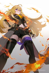 Rule 34 | absurdres, amputee, blonde hair, fire, from below, highres, long hair, midriff, prosthesis, prosthetic arm, rwby, shorts, smile, yang xiao long