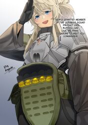 Rule 34 | 1girl, absurdres, armor, blonde hair, blue eyes, breastplate, english text, gloves, goddess of victory: nikke, highres, jewelry, light blush, long hair, long sleeves, looking at viewer, necklace, nyahpa20, open mouth, pants, pinne (nikke), salute, shotgun shell, smile, solo, standing, talking, white background