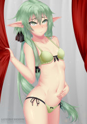 Rule 34 | 10s, 1girl, artist name, black bow, blush, bow, bra, breasts, collarbone, commentary, elf, english commentary, goblin slayer!, green bra, green eyes, green hair, green panties, hair between eyes, hair bow, hair ornament, high elf archer (goblin slayer!), highres, holding, long hair, looking at viewer, navel, newovermind, panties, pointy ears, ribbon, sidelocks, small breasts, solo, standing, underwear