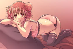 Rule 34 | 00s, 1girl, all fours, ass, bed, black thighhighs, blush, bow, bow panties, bra, breasts, double bun, e20, feet, frills, hair bun, hidamari sketch, hiro (hidamari sketch), leaning, lingerie, looking at viewer, medium breasts, panties, pink bra, pink hair, pink panties, pink theme, plump, red eyes, smile, solo, thighhighs, underwear, underwear only