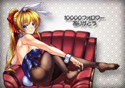 Rule 34 | 1girl, animal ears, armchair, bad id, bad pixiv id, bare shoulders, blonde hair, blue eyes, blush, bow, breasts, chair, couch, detached collar, fake animal ears, feet, fishnet pantyhose, fishnets, from side, hair bow, hands on feet, highres, leotard, long hair, no shoes, original, pantyhose, playboy bunny, rabbit ears, rabbit tail, shirokuma a, sideboob, solo, tail, wrist cuffs