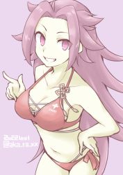 Rule 34 | 1girl, akara kai, bikini, breasts, cleavage, cowboy shot, dated, grin, hand on own hip, highres, jun&#039;you (kancolle), kantai collection, large breasts, long hair, looking at viewer, medium breasts, pink background, purple eyes, purple hair, red bikini, side-tie bikini bottom, simple background, smile, solo, spiked hair, swimsuit, twitter username
