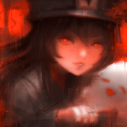 Rule 34 | 1girl, alex chow, black corset, black hat, boo tao (genshin impact), brown hair, corset, flower-shaped pupils, genshin impact, hat, hu tao (genshin impact), long hair, long sleeves, looking at viewer, parted lips, red background, red eyes, signature, solo, symbol-shaped pupils, upper body