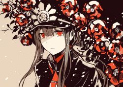 Rule 34 | 1girl, brown hair, cape, fate (series), flower, hat, highres, koha-ace, long hair, looking at viewer, male focus, oda nobunaga (fate), oda nobunaga (koha-ace), parted lips, peaked cap, ponytail, red eyes, red flower, rioka (southern blue sky), snowing, solo, upper body