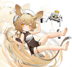 Rule 34 | 1girl, absurdres, animal ears, arknights, bare arms, bare legs, bare shoulders, barefoot, black dress, blonde hair, blush, chinese commentary, commentary request, covered navel, dorothy (arknights), dress, hair intakes, highres, holding, infection monitor (arknights), kuroshiroemaki, long hair, looking at viewer, parted lips, sleeveless, sleeveless dress, solo, tail, thigh strap, thighs, white background, white headwear, yellow eyes, zoom layer
