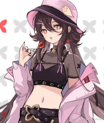 Rule 34 | 1girl, belt, black belt, black nails, black shirt, black shorts, boo tao (genshin impact), brown hair, candy, casual, commentary request, crop top, cropped, cropped shirt, earrings, fang, fashion, flower-shaped pupils, food, genshin impact, ghost, hair ornament, hairclip, hat, hu tao (genshin impact), issign, jacket, jewelry, lollipop, long hair, looking at viewer, midriff, nail polish, navel, off shoulder, open clothes, open jacket, pink headwear, pink jacket, red eyes, red ribbon, ribbon, ring, shirt, short shorts, short sleeves, shorts, simple background, star (symbol), stomach, symbol-shaped pupils, top hat, twintails, very long hair, white background