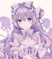 Rule 34 | 1girl, bad id, bad twitter id, braid, braided bangs, breasts, dress, earrings, flower, hair bun, jewelry, lolita fashion, multicolored clothes, multicolored dress, original, parted lips, pink ribbon, purple eyes, purple flower, purple hair, purple ribbon, purple rose, ribbon, rose, simple background, single hair bun, small breasts, stuffed animal, stuffed toy, teddy bear, white background, white dress, yagen (user mxur3238)