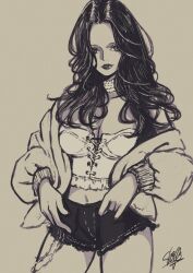 Rule 34 | 1girl, choker, commentary request, cowboy shot, greyscale, highres, jacket, long hair, looking at viewer, monochrome, nico robin, one piece, sherumaru (korcht06), short shorts, shorts, signature, simple background, solo