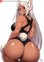 Rule 34 | 1girl, :d, animal ears, ass, back, back cutout, bare shoulders, black one-piece swimsuit, boku no hero academia, breasts, clothing cutout, commentary, dark-skinned female, dark skin, english commentary, from behind, hand on own ass, highres, huge ass, large breasts, long eyelashes, long hair, looking at viewer, looking back, mirko, one-piece swimsuit, open mouth, parted bangs, patreon username, rabbit ears, rabbit girl, rabbit tail, red eyes, signature, smile, solo, sweat, swimsuit, tail, tail through clothes, thigh gap, thighs, toned, very long hair, wedgie, white hair, wide hips, xhaart