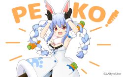 Rule 34 | 1girl, :d, animal ear fluff, animal ears, armpits, arms up, bare shoulders, black gloves, black leotard, blue hair, blush, bow, braid, breasts, brown pantyhose, carrot hair ornament, catchphrase, commentary request, detached sleeves, don-chan (usada pekora), dress, food-themed hair ornament, fur-trimmed gloves, fur trim, gloves, hair between eyes, hair bow, hair ornament, hololive, leotard, looking at viewer, mitya, multicolored hair, open mouth, pantyhose, puffy short sleeves, puffy sleeves, rabbit ears, rabbit tail, red eyes, short eyebrows, short sleeves, sidelocks, simple background, small breasts, smile, solo, strapless, strapless dress, strapless leotard, teeth, thick eyebrows, twin braids, twintails, twitter username, two-tone hair, upper teeth only, usada pekora, usada pekora (1st costume), virtual youtuber, white background, white bow, white dress, white hair, white sleeves